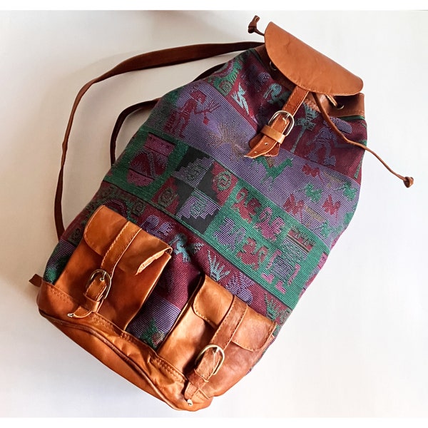 Vintage tapestry fabric & leather adjustable backpack / tote / travel bag bags overnight boho backpacks convertible