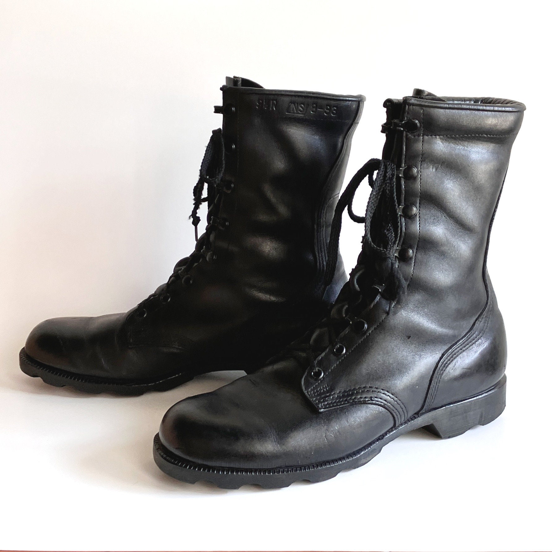 Vintage 90s Black Leather Army Combat Boots Calf High Lace up Classic ...