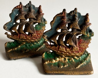 Vintage MCM mid century cast iron nautical ships bookends bookend gold metallic painted