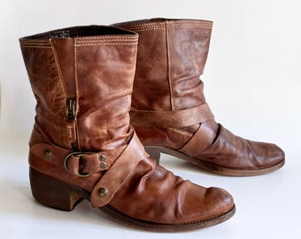 Vintage brown leather engineer strap boots womens size 11 booties harness motorcycle stacked heels