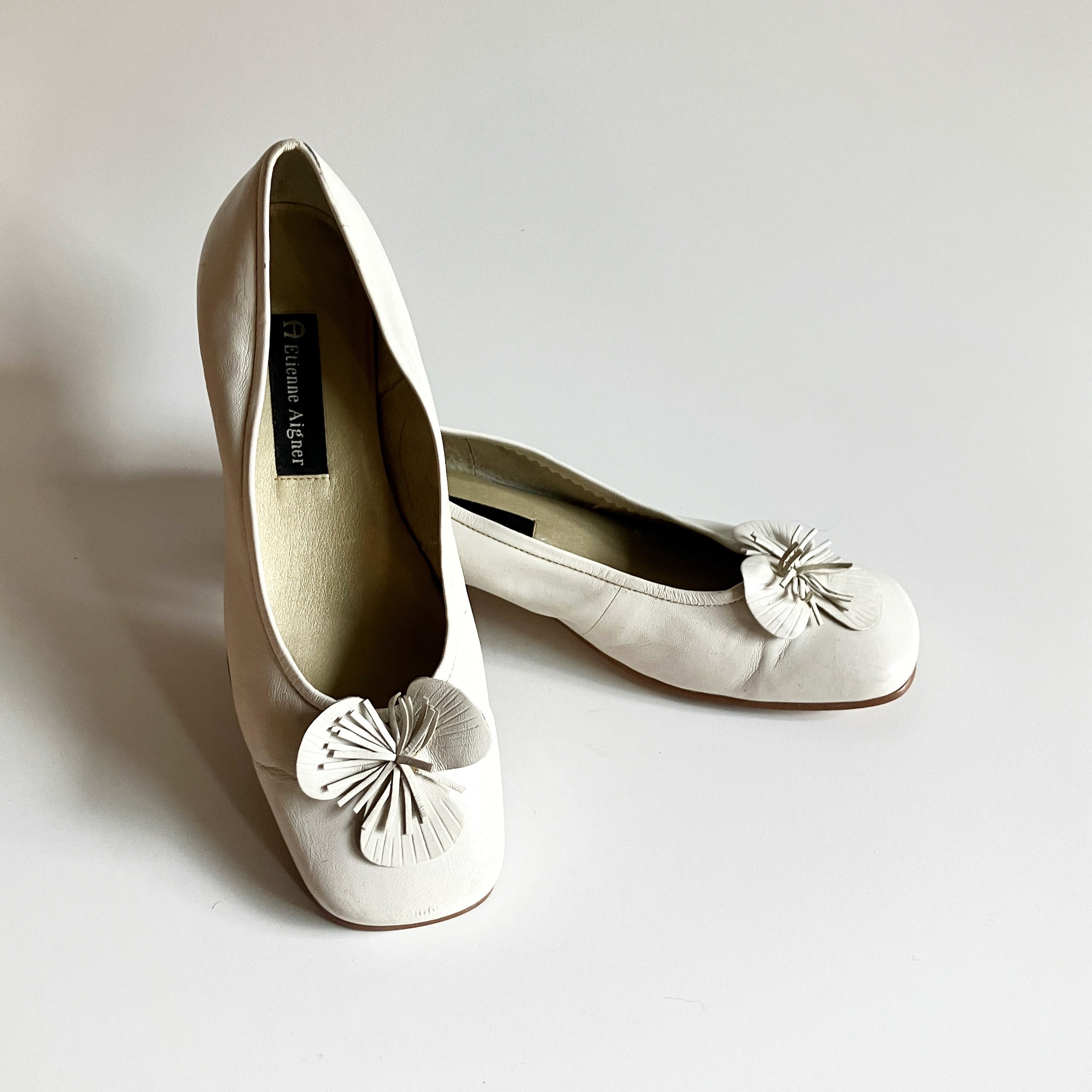 Vintage Etienne Aigner White Leather Ballet Flats Wood Stacked