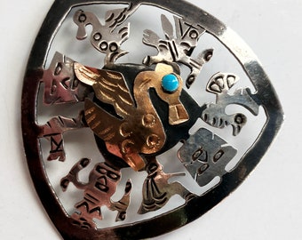 Vintage 60’s silver & gold Mayan / Aztec bird pin brooch pendant Peru Mexico .925 18k scrollwork turquoise