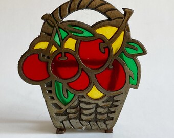 Vintage 70s cherries faux stained glass & metal napkin holder letter holder organizer home decor retro cherry