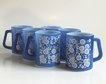 Vintage mcm Federal blue & white floral milk glass mugs mug set of six retro coffee tea cups cup glasses mid century flowers cottagecore