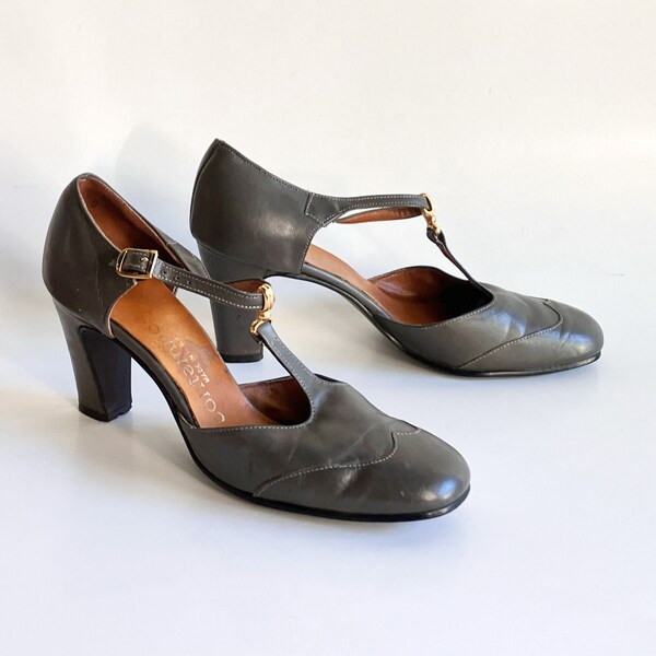 Vintage 60’s grey leather t-strap heels pump high heel retro Mary Janes size 5.5 retro gray t strap pumps