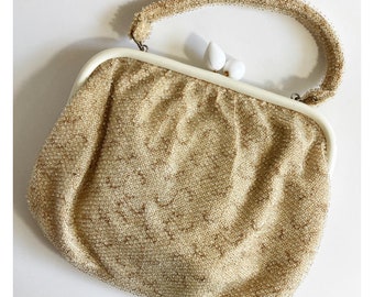 Vintage 1950’s Lemured Corde-Bead cream & gold beaded purse handbag retro MCM party