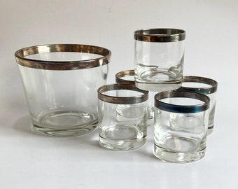 Vintage MCM metallic silver rim lowball cups glasses tumblers and ice punch bowl serving mid century modern retro barware servingware