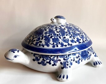 Vintage blue and white ceramic turtle/ tortoise covered dish / tureen / planter / home decor Floral Chinese turtles kitschy decorative