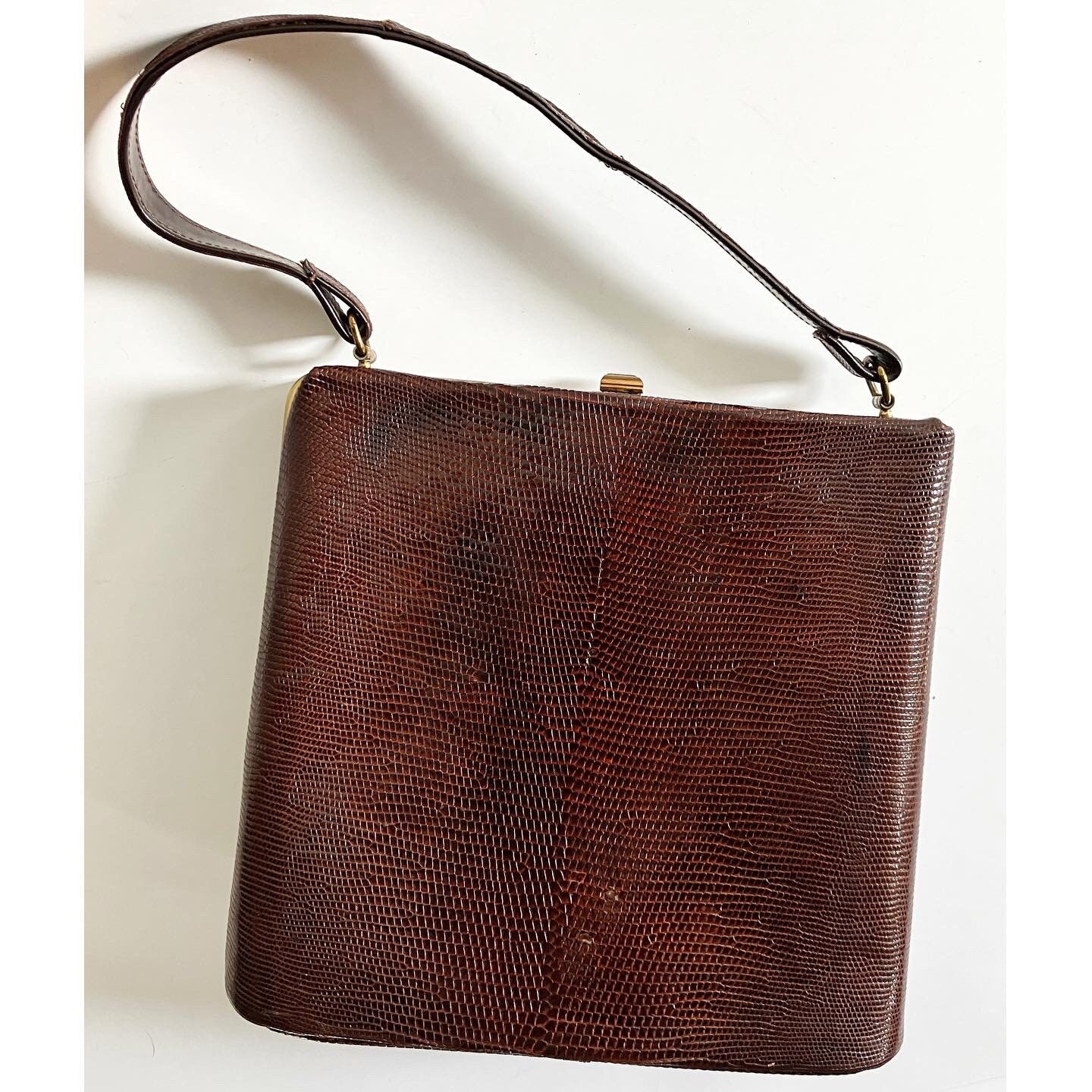 Lizard Printed Leather Square Hand Bag Size unica