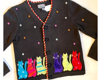 Vintage 90’s kitschy kittens / cats embroidered appliqué & beaded kit cardigan button up sweater Kitschy