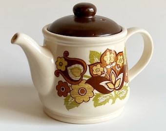 Vintage 70’s Sadler stoneware tea pot retro mcm brown yellow green floral kettle teapot england