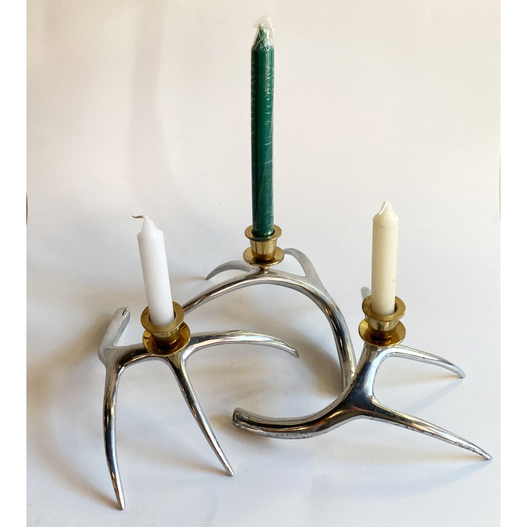 Vintage Silver & Gold Antler Candle Holder Candlestick Taper Tapers Aluminum Brass Home Decor
