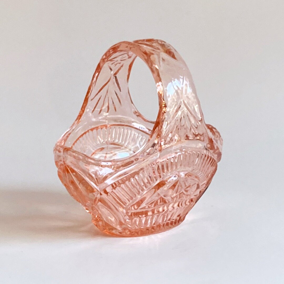 Vintage 40s Pink Depression Glass Basket Vase Pressed Retro Etsy