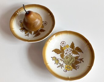 Vintage MCM mustard yellow & green floral pattern Mikasa ‘Terra Stone’ tableware set of two dessert / fruit bowls in ‘Chatham’ design