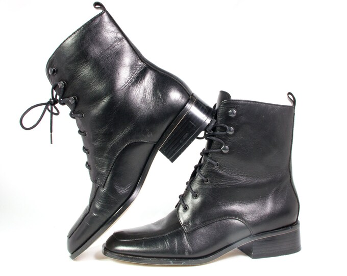 VTG 90's Shiny Black Leather Granny Boots Size 6 Womens Etsy