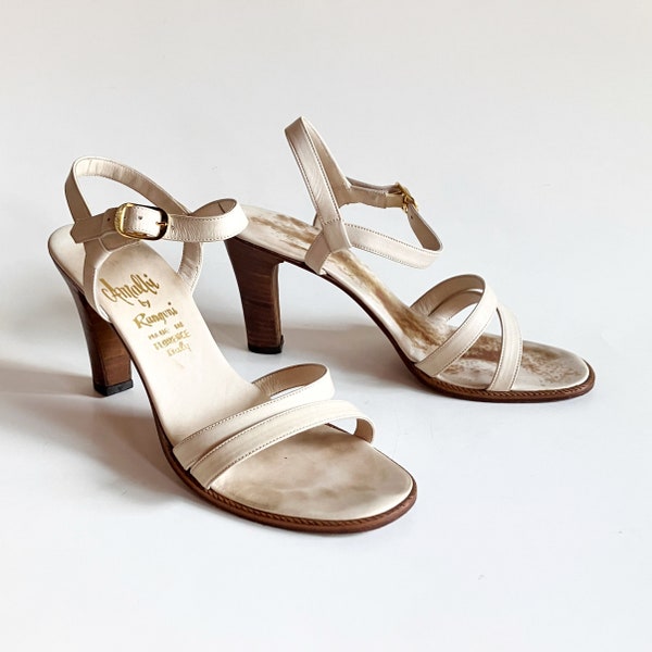 Vintage off white leather Amalfi strappy high heel sandals size 6 1/2 M shoes heels open toe retro summer