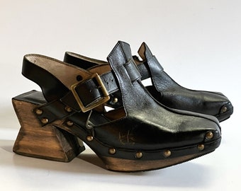 Vintage John Fluevog black leather and wood platform heels retro square toe designer t strap platforms fluevogs size 7 wooden high heel