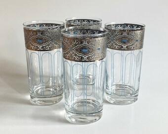 Vintage mcm sorrento culver silver & blue timblers high ball glasses cups cup mid century metallic retro hi ball