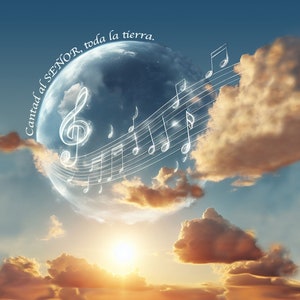 May include: A white treble clef and musical notes are drawn on a translucent sphere against a blue sky with white clouds. The text "Cantad al SEÑOR, toda la tierra." is written around the sphere.