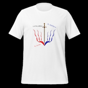 May include: White t-shirt with a gold sword and red and blue flames. The text "La Palabra", "El Alma", and "El Espiritu" is printed on the shirt.