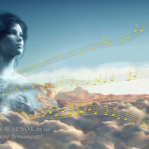 May include: A digital art image of a woman's face with a blue and white ethereal glow. The woman is looking up at a sky filled with white clouds and yellow musical notes. The text "¡Alabad Al SEÑOR en su poderoso firmamento!" is at the bottom of the image.