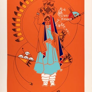 May include: A colorful, stylized illustration of a woman carrying a large pot on her head. The woman is wearing a blue dress and a red shawl. The background is orange with geometric patterns.