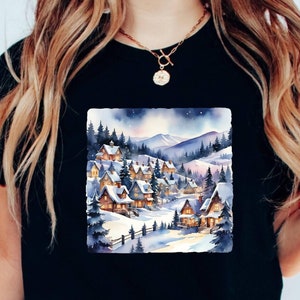 Christmas Winter Village Shirt - Nineties 90s Mountain Pine Trees Decorated Cabins Outfit Shirt- Boho Unisex Crewneck Shirt