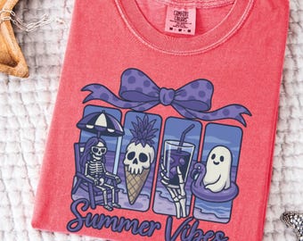 Comfort Summerween Coquette Ghost Shirt,Summer Vibes Ghost Comfort  Tshirt,Skeleton Beach Vibes Shirt,Summer Tees for Halloween Lover,