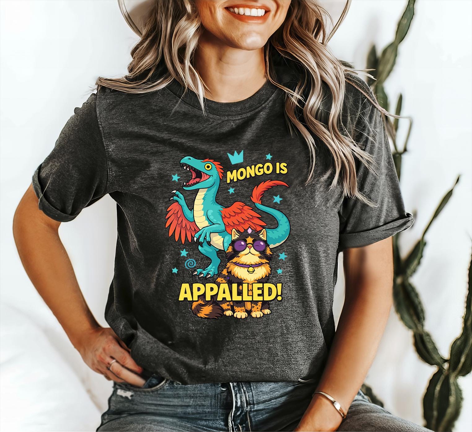 Giant Princess Riding Mongo Retro Mongo is Appalled Princess Cat Riding Dinosaur T-shirt, Funny Cat ...