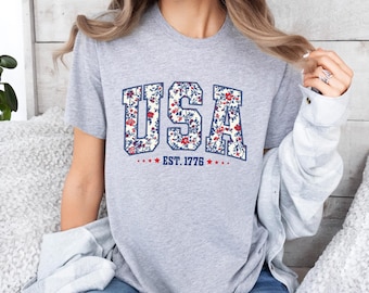 Floral USA Est 1776 Shirt, 4th of July Shirt, floral USA Shirt,Summer Patriotic Shirt for Women,America est 1776 Shirt,Red White Blue Shirt