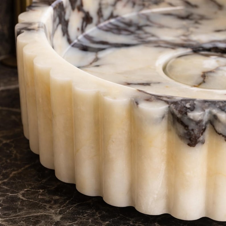 Calacatta Viola Marble Sink, Fluted Vessel Sink, Round Stone Basin, Ribbed Bathroom Vanity Bowl image 3