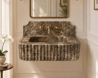 Dark Emperador Marble Bathroom Sink, Luxury Fluted Stone Basin, Rectangular Vanity Sink