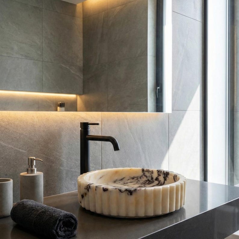 Calacatta Viola Marble Sink, Fluted Vessel Sink, Round Stone Basin, Ribbed Bathroom Vanity Bowl image 4