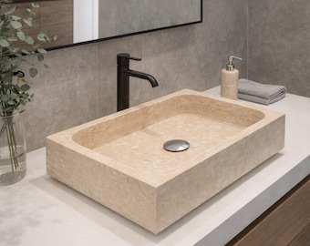 Artisan Crafted Travertine Stone Basin on Custom Wall Vanity