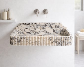 Calacatta Viola Marble Fluted Sink Wall Mounted Floating Stone Vanity Basin With Integrated Backsplash