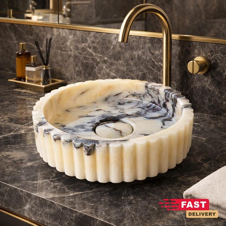 Calacatta Viola Marble Sink, Fluted Vessel Sink, Round Stone Basin, Ribbed Bathroom Vanity Bowl image 2