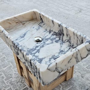 Calacatta Viola Marble Sink, Grooved Front, Round Corner, Wall Mounted Sink, Special Order Sink
