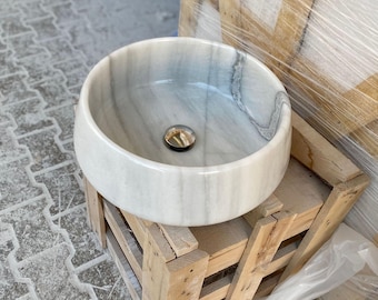 Hand Carved Carrara Marble Sink: Round Countertop Basin