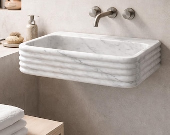 Lavabo Moderne en Marbre Blanc de Carrare Cannelé, Vasque Murale en Pierre Naturelle Nervurée