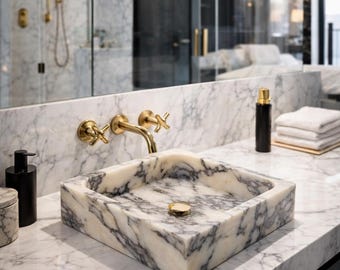 Calacatta Viola Marble Vessel Sink, Square Stone Basin, Custom Powder Room Sink