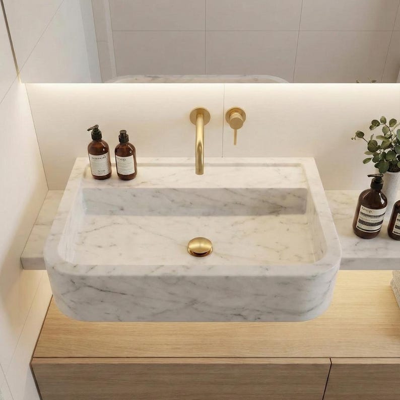Custom Carrara White Marble Sink Wall Mounted Basin Natural Stone Bathroom Vanity image 3