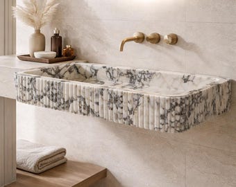 Calacatta Viola Marble Sink, Fluted Wall Mounted Basin, Luxury Custom Stone