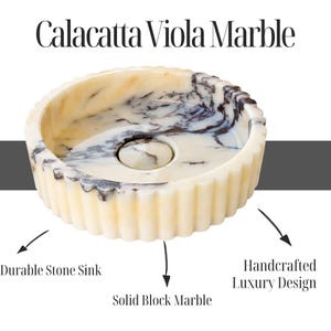 Calacatta Viola Marble Sink, Fluted Vessel Sink, Round Stone Basin, Ribbed Bathroom Vanity Bowl image 14
