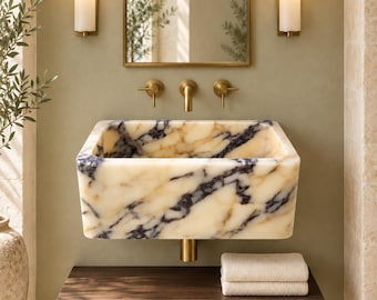Calacatta Viola Marble Bathroom Sink, Luxury Rectangular Vessel Basin, Natural Stone Vanity Sink