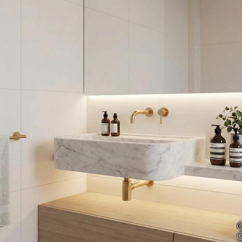 Custom Carrara White Marble Sink Wall Mounted Basin Natural Stone Bathroom Vanity image 4