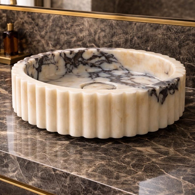 Calacatta Viola Marble Sink, Fluted Vessel Sink, Round Stone Basin, Ribbed Bathroom Vanity Bowl image 1