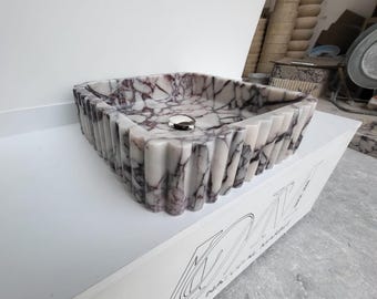 Handcarved Calacatta Viola Marble Sink | Square Fluted Washbasin