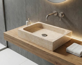 Artisan Crafted Travertine Stone Basin on Custom Wall Vanity
