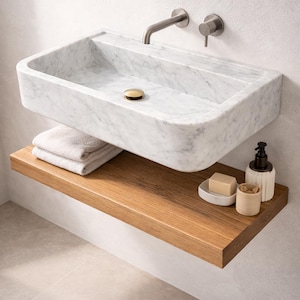 Custom Carrara White Marble Sink Wall Mounted Basin Natural Stone Bathroom Vanity image 1
