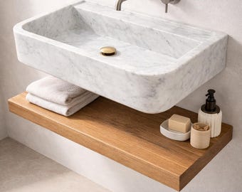 Lavabo de Mármol Blanco Carrara a Medida Suspendido de Pared Pila de Piedra Natural Baño